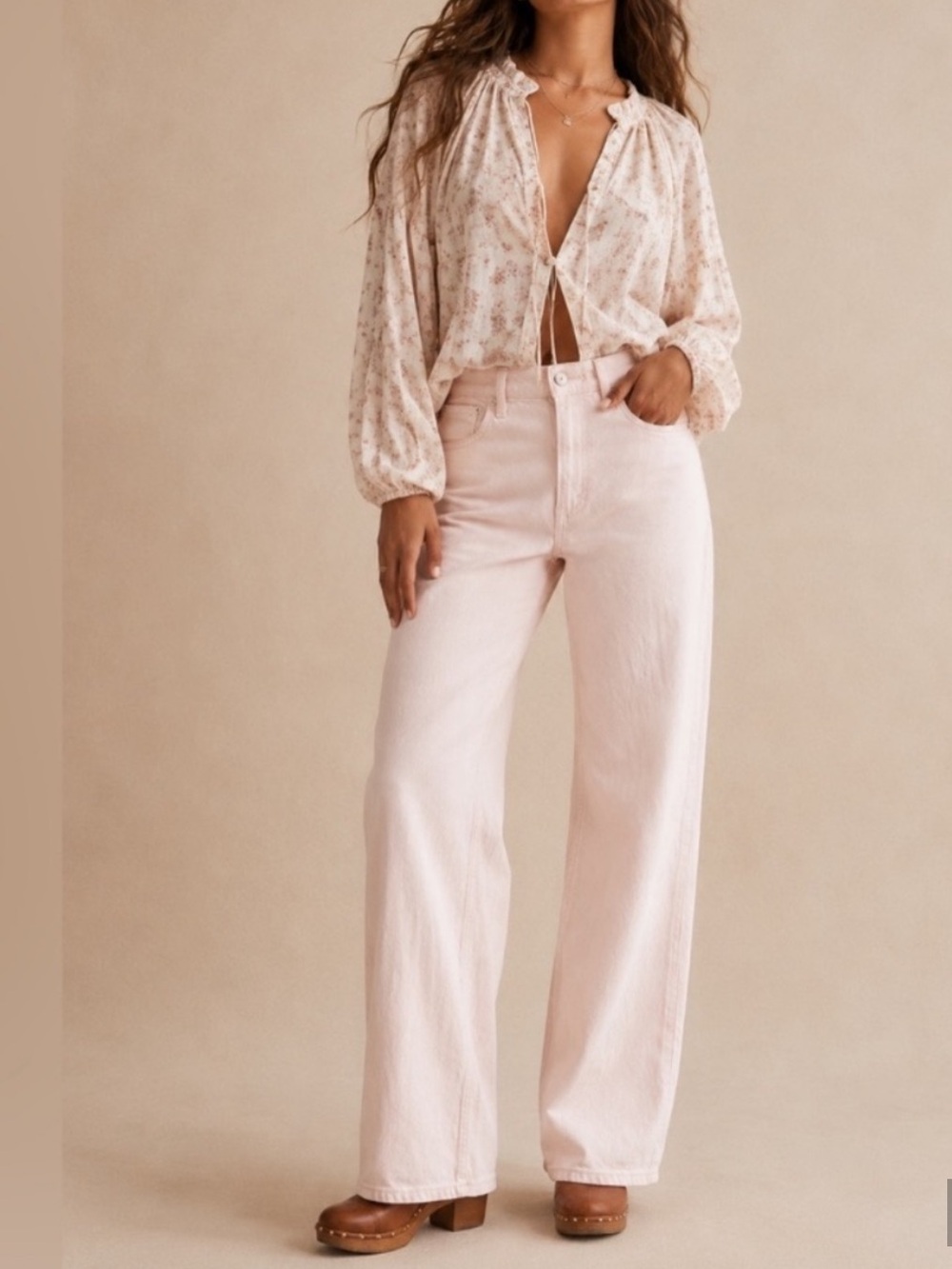 Abercrombie & Fitch Women's High-Rise Wide-Leg Jeans in Pale Pink.